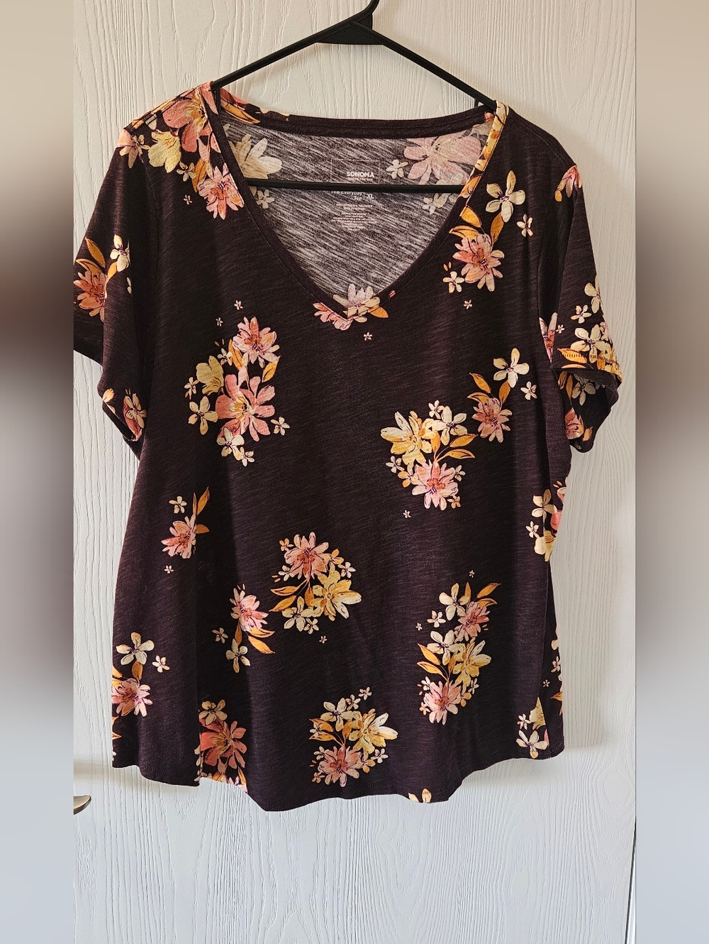 Sonoma Burgundy Short Sleeve V-Neck Top with Pink & Yellow Floral Print